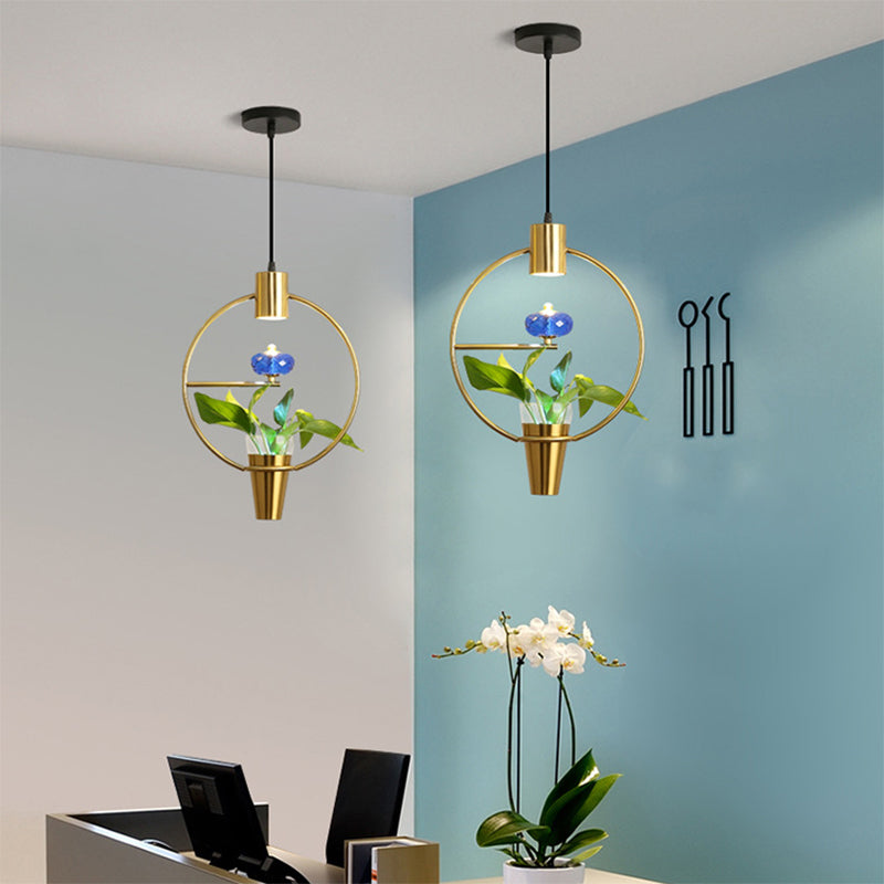 Metal LED Pendulum Light Loft Black/Gold Circle/Oval/Rectangle Dining Room Pendant Lamp with Plant Container