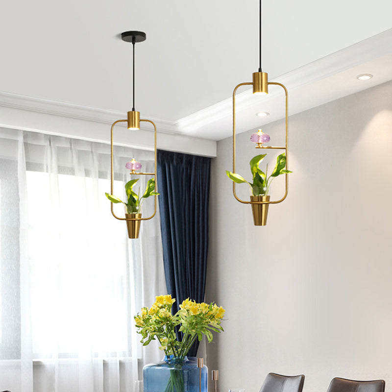 Metal LED Pendulum Light Loft Black/Gold Circle/Oval/Rectangle Dining Room Pendant Lamp with Plant Container