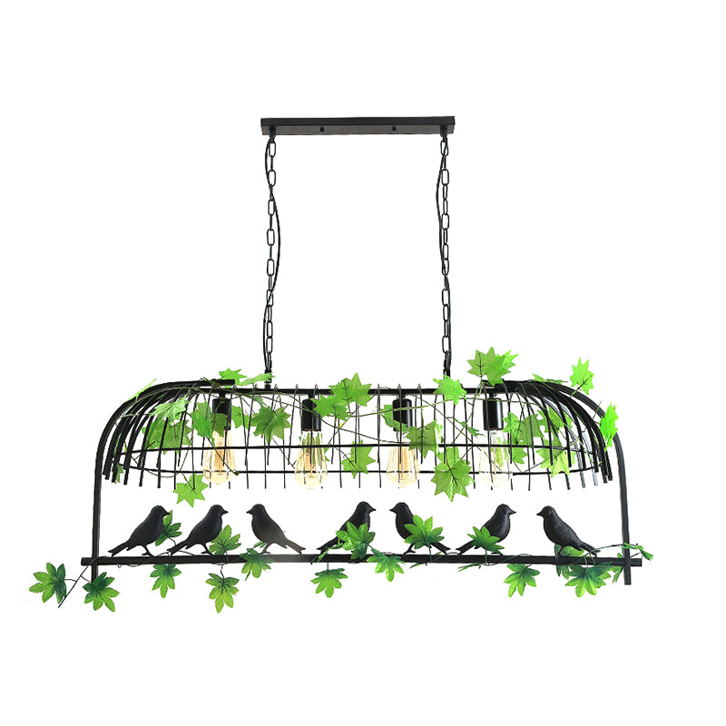 Birdcage Dining Room Island Light Industrial Iron 4-Head Black/Bronze Hanging Pendant with Decorative Plant and Bird
