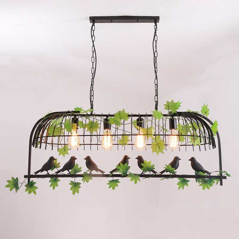 Birdcage Dining Room Island Light Industrial Iron 4-Head Black/Bronze Hanging Pendant with Decorative Plant and Bird