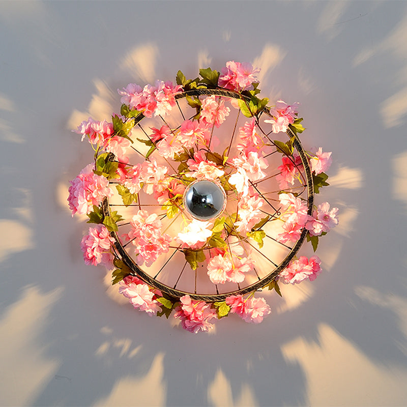 Wheel Iron LED Wall Light Fixture Farmhouse Garage Plant Sconce Lighting in Pink/Green/Rose Red