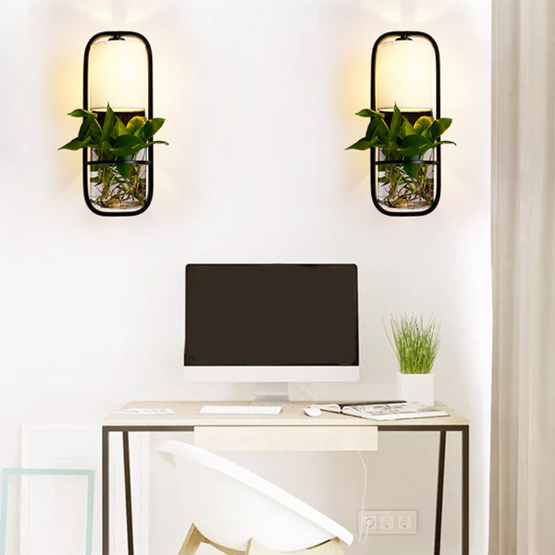 1 lampada cilindrica lampada a parete alloggiata in tessuto nero/nero/oro lampada in luce calda/bianca con pentola vegetale