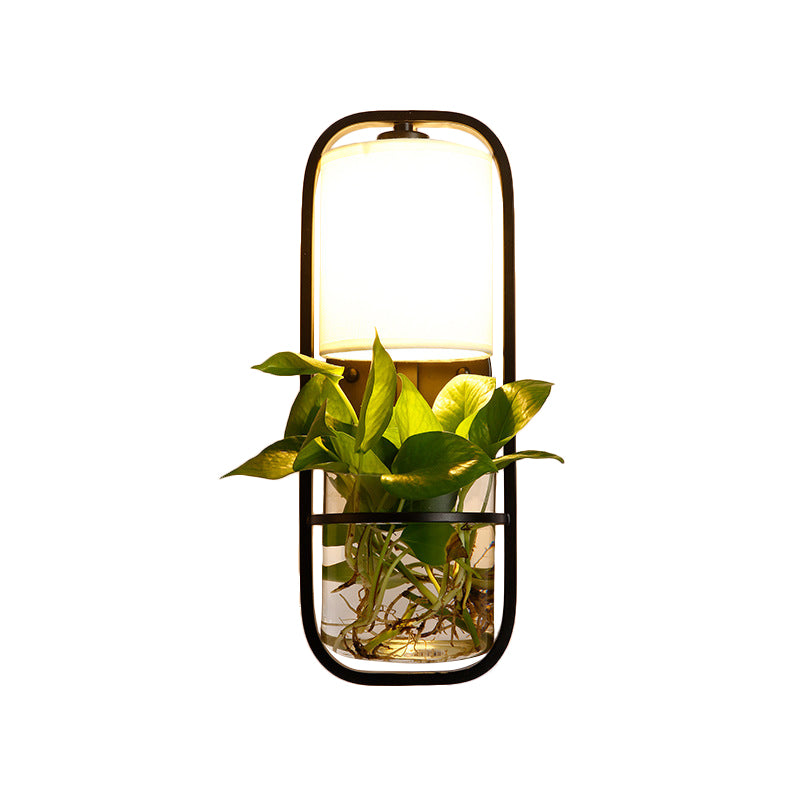 1 lampada cilindrica lampada a parete alloggiata in tessuto nero/nero/oro lampada in luce calda/bianca con pentola vegetale