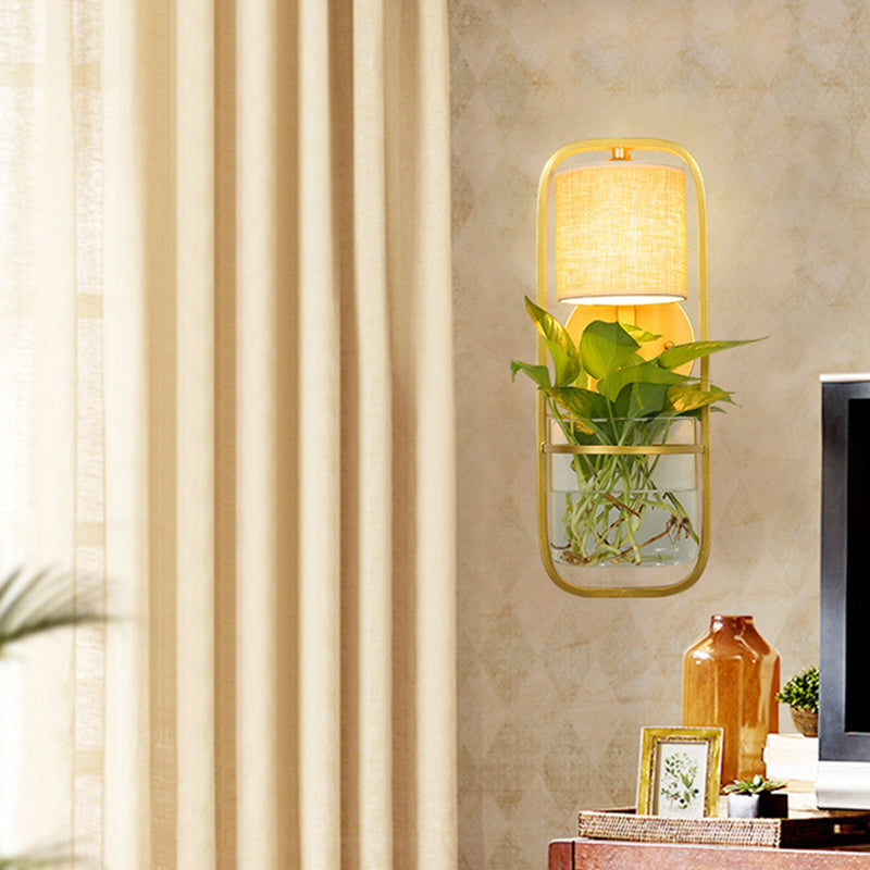 1 lampada cilindrica lampada a parete alloggiata in tessuto nero/nero/oro lampada in luce calda/bianca con pentola vegetale