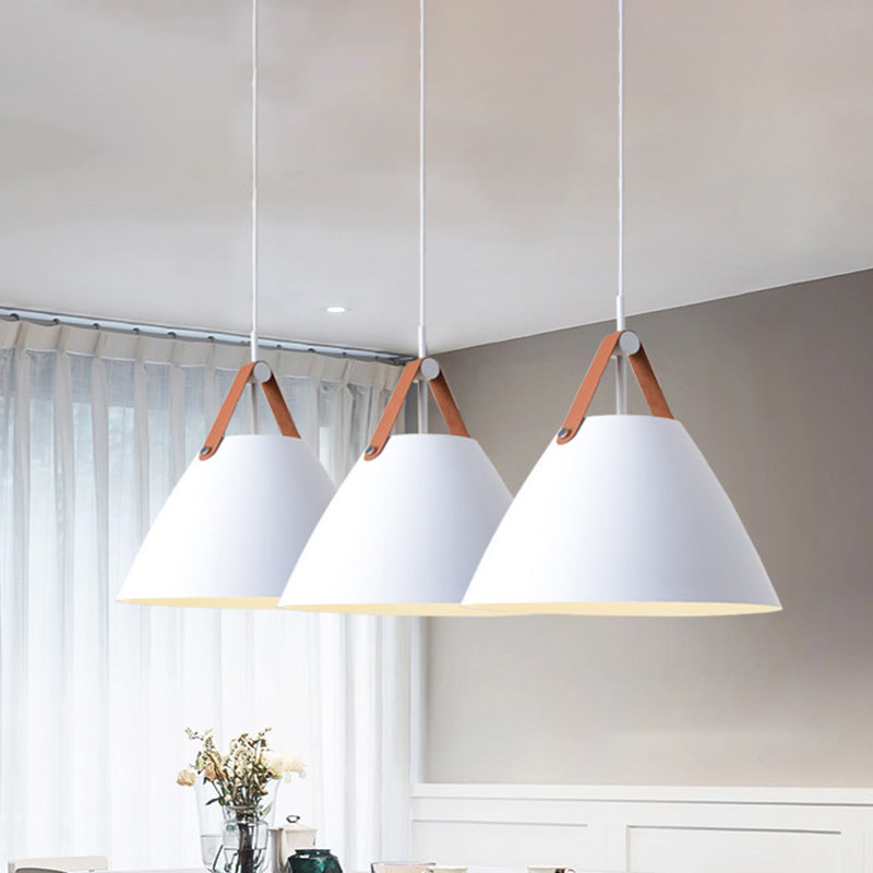 Metal Truncated Cone Drop Pendant Nordic 1-Light Black/Grey/White Suspension Lighting with Leather Strap, 10.5"/14" W
