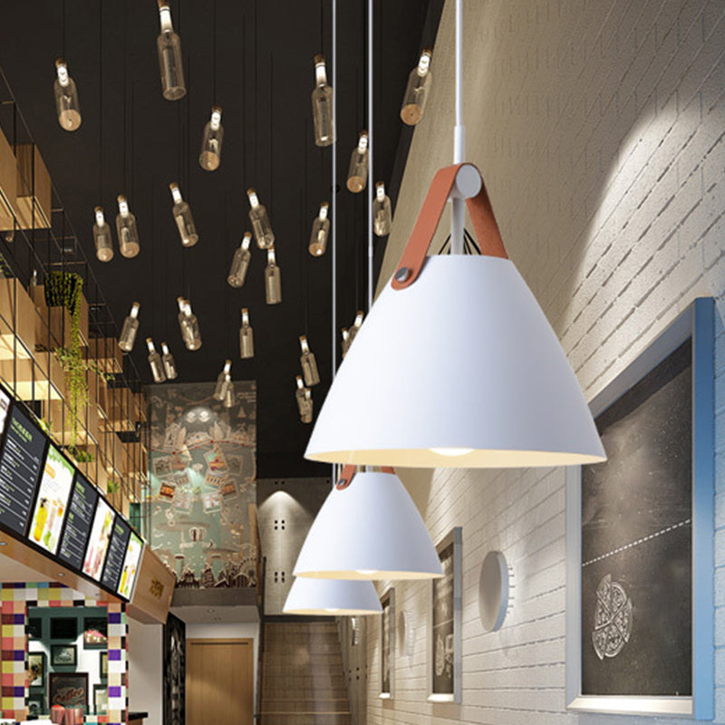 Metal Truncated Cone Drop Pendant Nordic 1-Light Black/Grey/White Suspension Lighting with Leather Strap, 10.5"/14" W