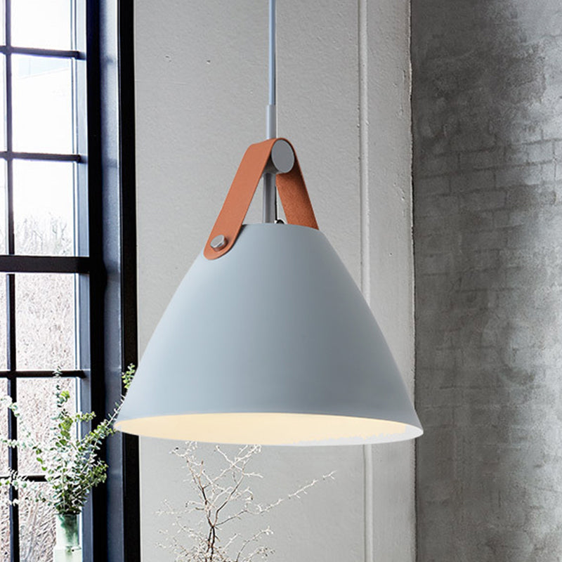 Metal Truncated Cone Drop Pendant Nordic 1-Light Black/Grey/White Suspension Lighting with Leather Strap, 10.5"/14" W