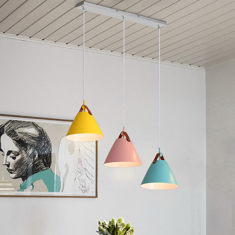 Frustum Shaped Metal Hanging Light Macaron 3 Bulbs Blue-Pink-Yellow/Black-Grey-White Pendant Lamp in Warm/White Light, Round/Linear Canopy