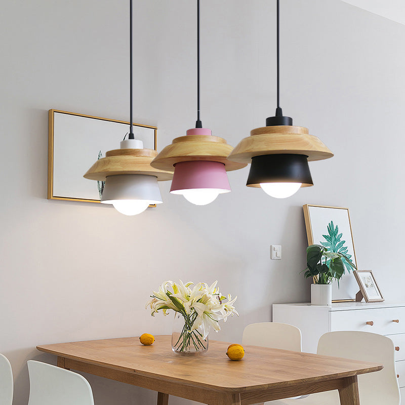 2-Shade Iron Hanging Lamp Kit Macaron Single Pink/Grey/Green and Wood Pendant Lighting Fixture