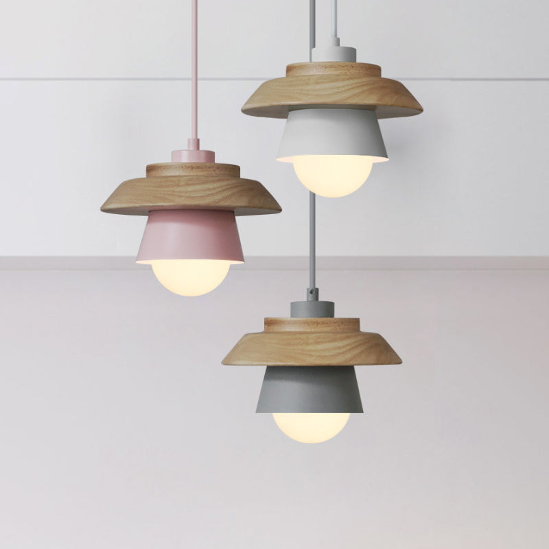 2-Shade Iron Hanging Lamp Kit Macaron Single Pink/Grey/Green and Wood Pendant Lighting Fixture