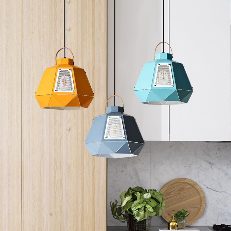 Macaron Laser-Cut Pot Pendant Light Kit Iron 1 Head Pink/Yellow/Blue Suspension Lighting with Mesh Screen