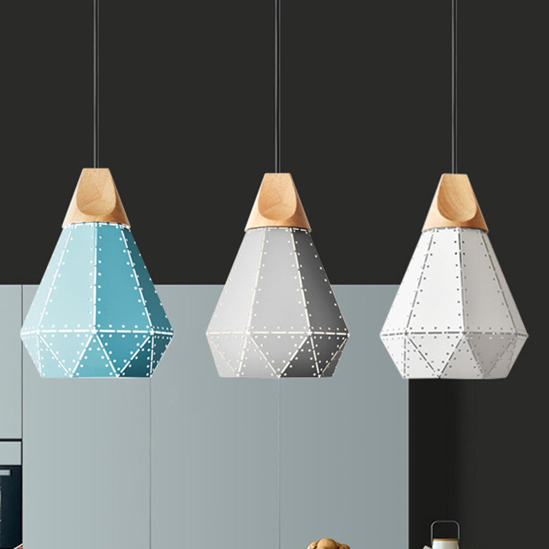 Diamond Iron Hanging Pendant Macaron 1-Light Grey/White/Blue and Wood Suspension Lamp with Laser Cut Design
