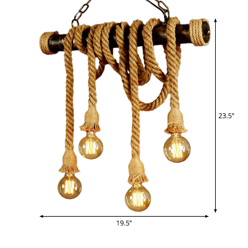 4/6 Lights Jute Rope Island Pendant Farmhouse Brown Linear Wine Bar Hanging Ceiling Light