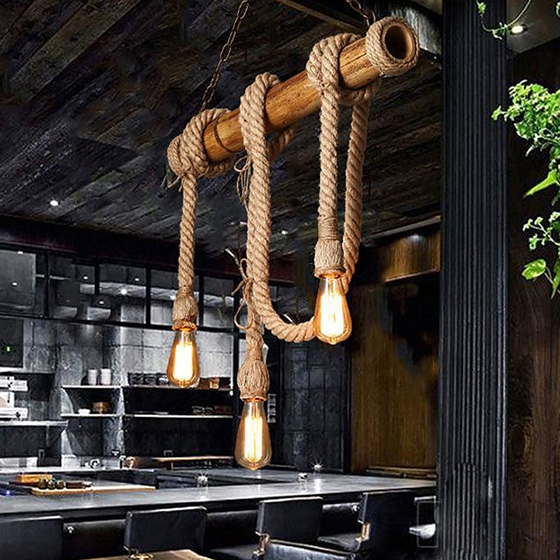 Bare Bulb Design Bamboo Hanging Lamp Rustic 3/6-Head Dining Room Island Light with Rope Cord in Brown