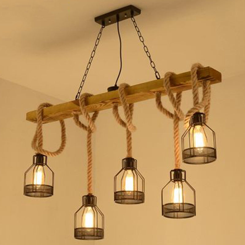 Linear Restaurant Hanging Island Light Cottage Wood 3/5-Light Brown Roped Pendant Lamp with Cage