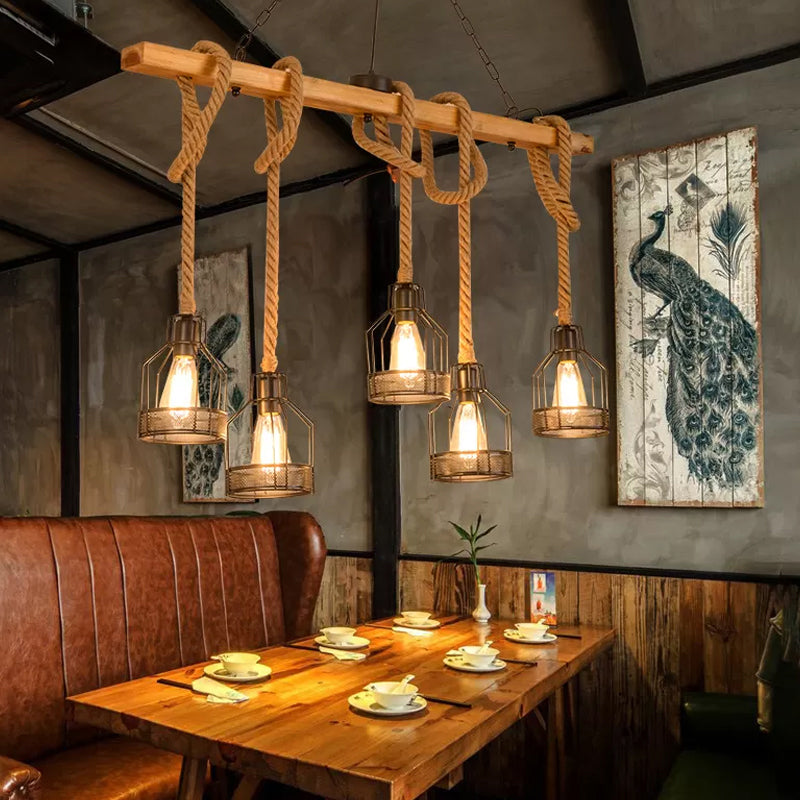 Linear Restaurant Hanging Island Light Cottage Wood 3/5-Light Brown Roped Pendant Lamp with Cage