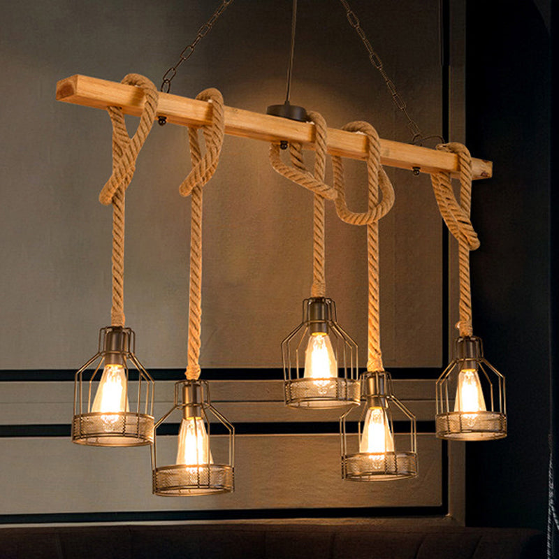Linear Restaurant Hanging Island Light Cottage Wood 3/5-Light Brown Roped Pendant Lamp with Cage