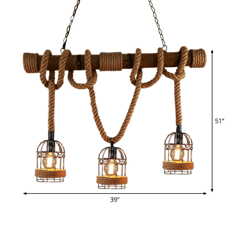 3 Bulbs Bird Cage Island Lighting Farmhouse Brown Iron Hanging Pendant with Rope and Wood Pole