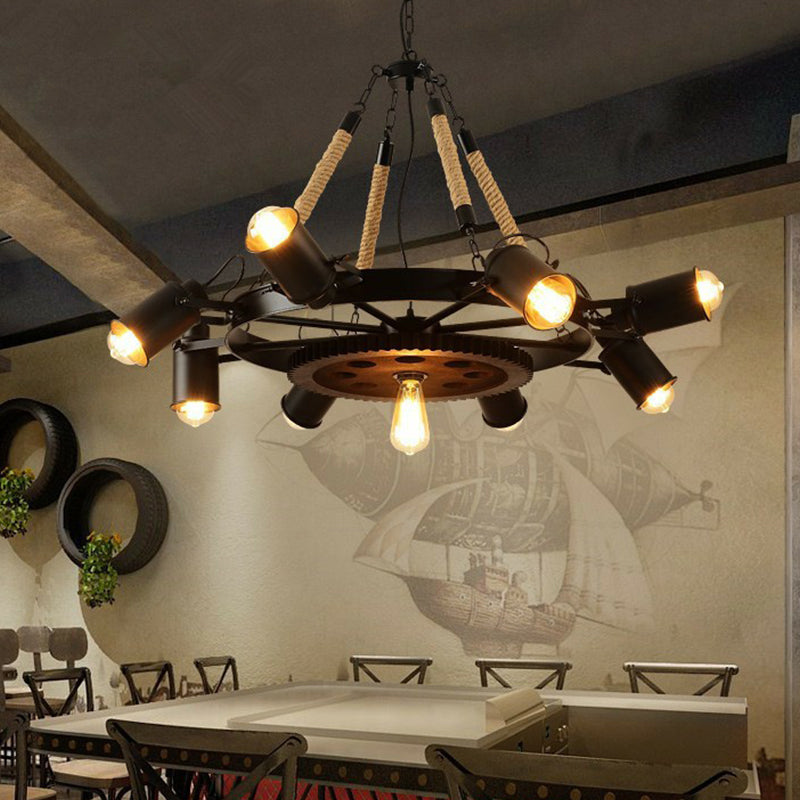 8 Lights Iron Adjustable Chandelier Pendant Industrial Black/Rust Wheel Restaurant Ceiling Spotlight with Rope Accent