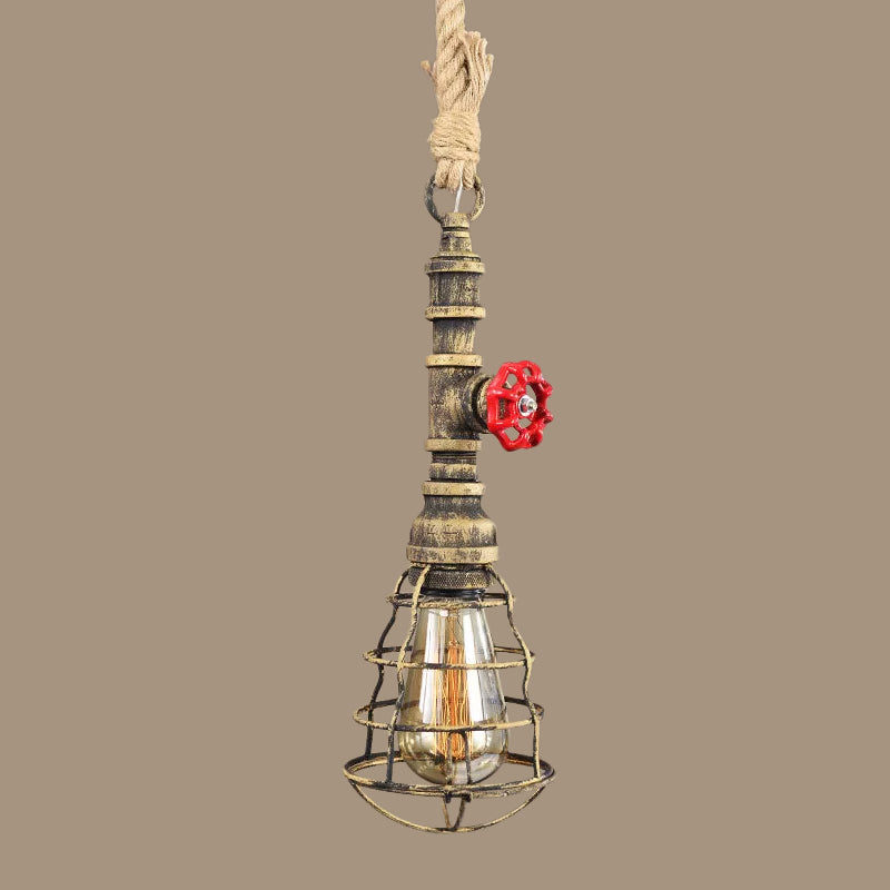 Costeo de iluminación de steampunk enjaulado 1 cabezal de techo colgante de hierro con cordón de cuerda y diseño de tubería de agua en azul/óxido/bronce