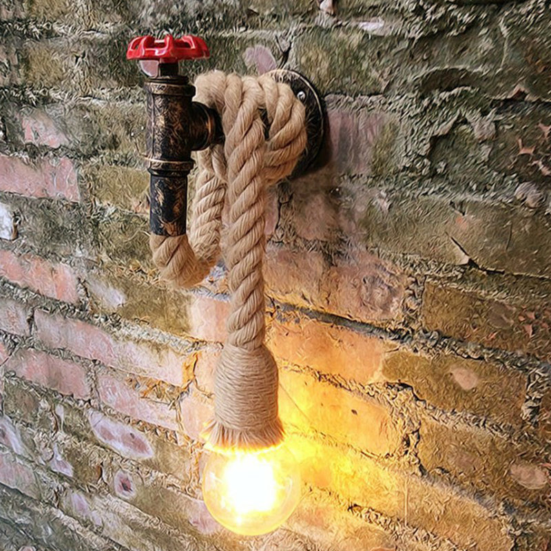 Industrial Faucet Wall Light Fixture 1-Light Hemp Rope Wall Mounted Lamp in Brown for Wine Bar