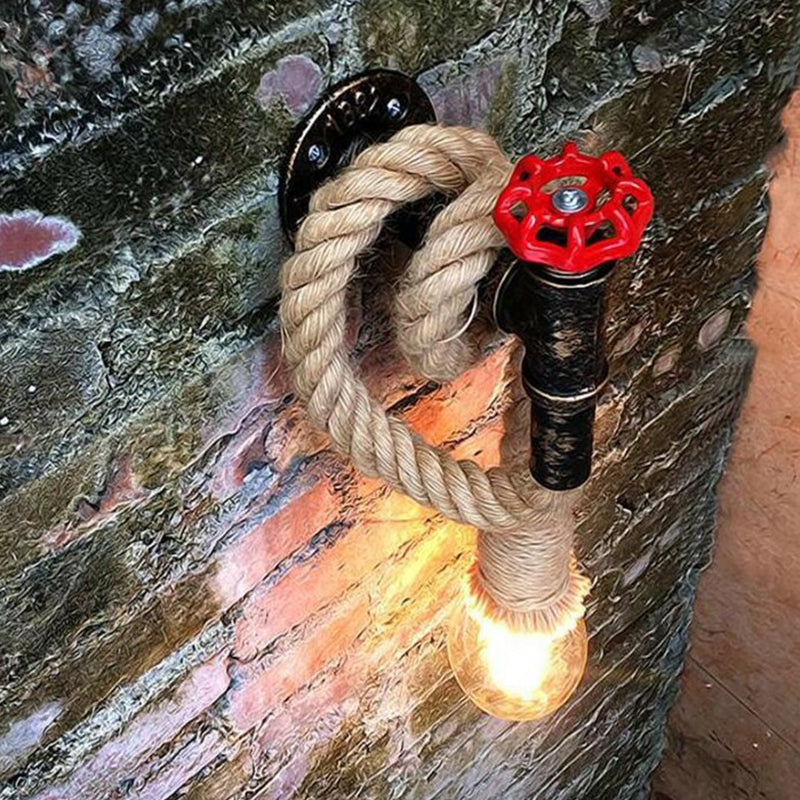 Industrial Faucet Wall Light Fixture 1-Light Hemp Rope Wall Mounted Lamp in Brown for Wine Bar