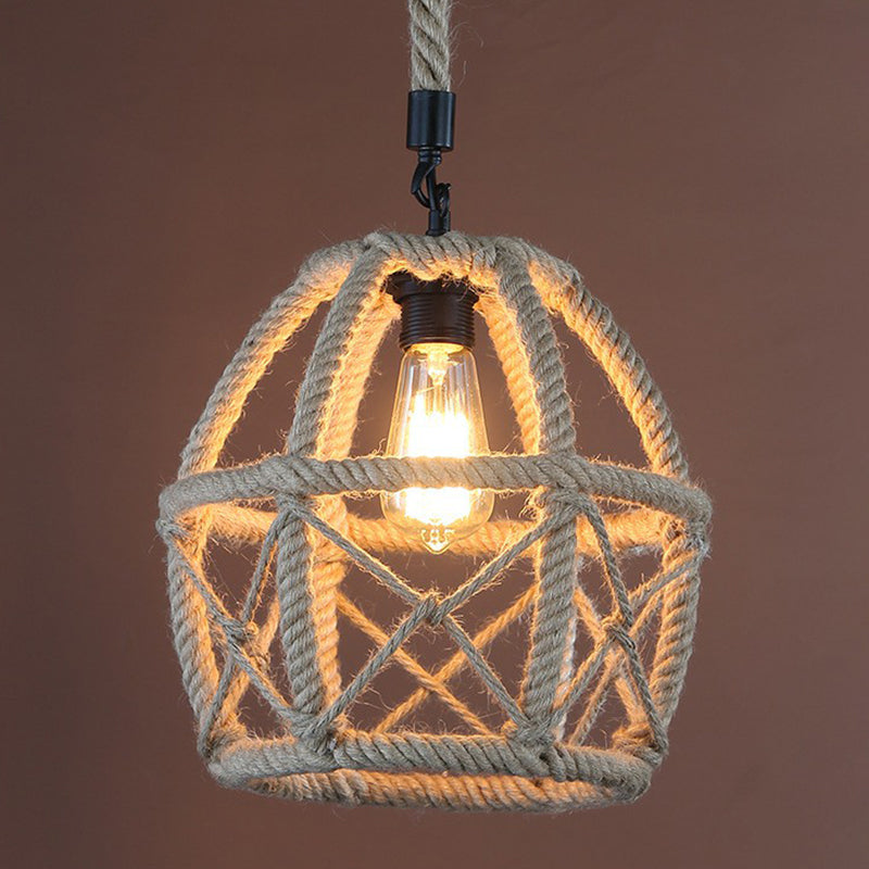 Rural Flared/Birdcage/Basket Pendant Lamp Single-Bulb Natural Rope Hanging Light Fixture in Black and Brown