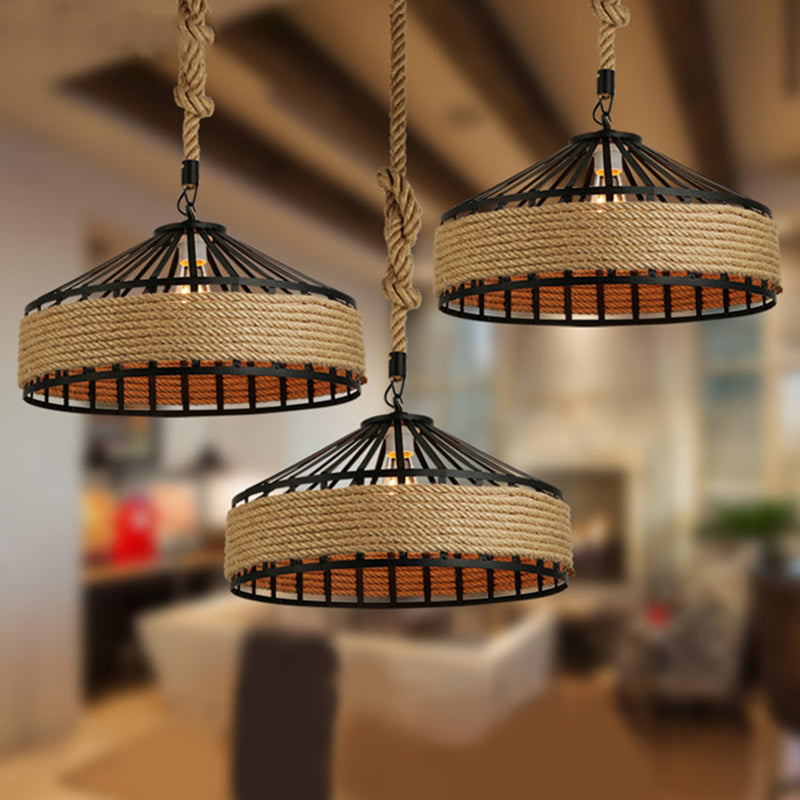 Barn Caged Dining Room Ceiling Pendant Rustic Rope 1-Light Brown Hanging Light Fixture, 12"/16"/19.5" Wide