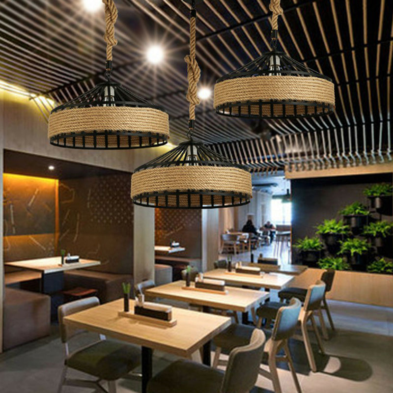 Barn Caged Dining Room Ceiling Pendant Rustic Rope 1-Light Brown Hanging Light Fixture, 12"/16"/19.5" Wide