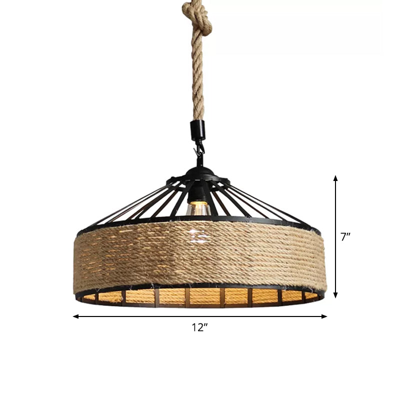 Barn Caged Dining Room Ceiling Pendant Rustic Rope 1-Light Brown Hanging Light Fixture, 12"/16"/19.5" Wide