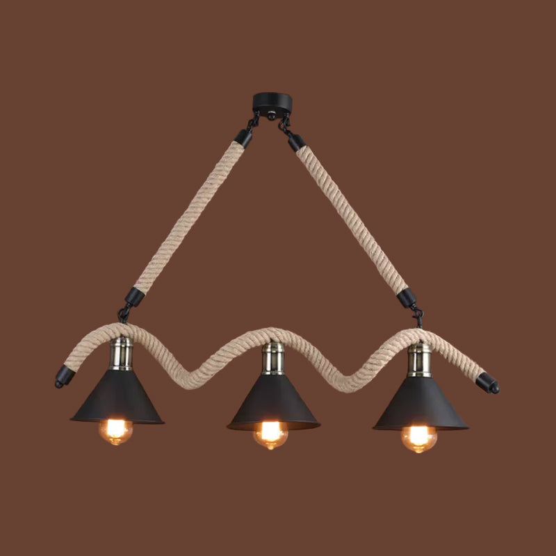 Hemp Black and Brown Suspension Pendant Wavy 3 Heads Industrial Island Lamp with Conical Shade