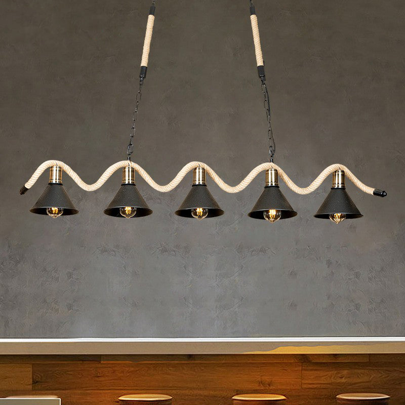 Black 5 Lights Island Pendant Warehouse Culla corda lampada a soffitto ondulata con tonalità in metallo conico