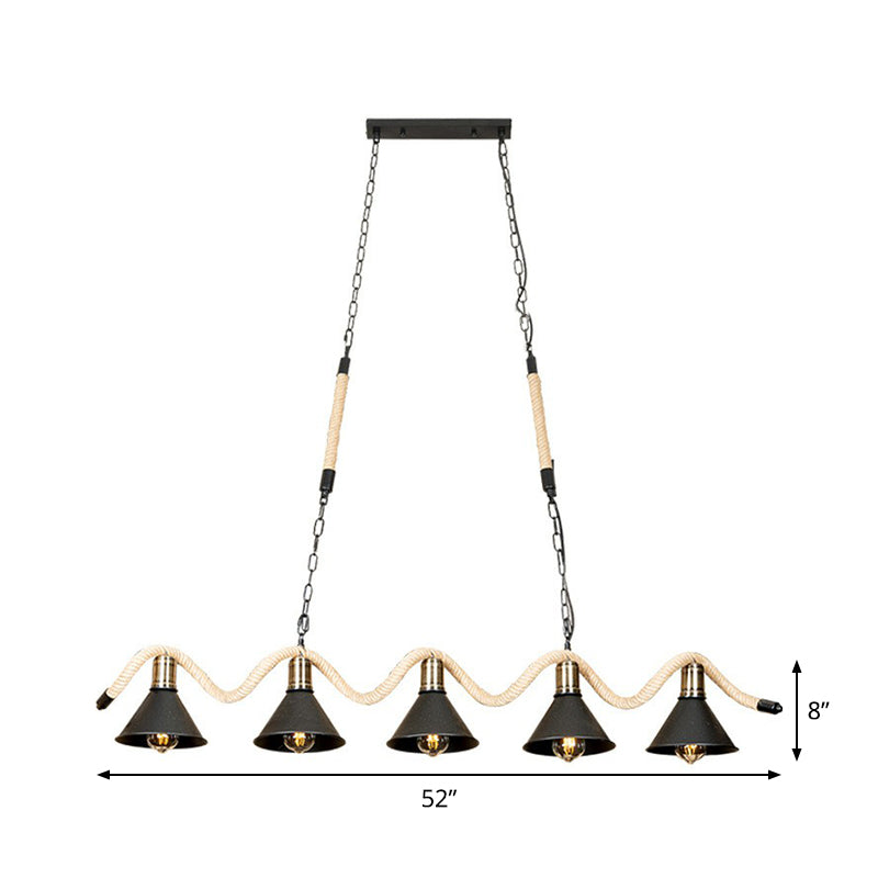 Black 5 Lights Island Pendant Warehouse Culla corda lampada a soffitto ondulata con tonalità in metallo conico