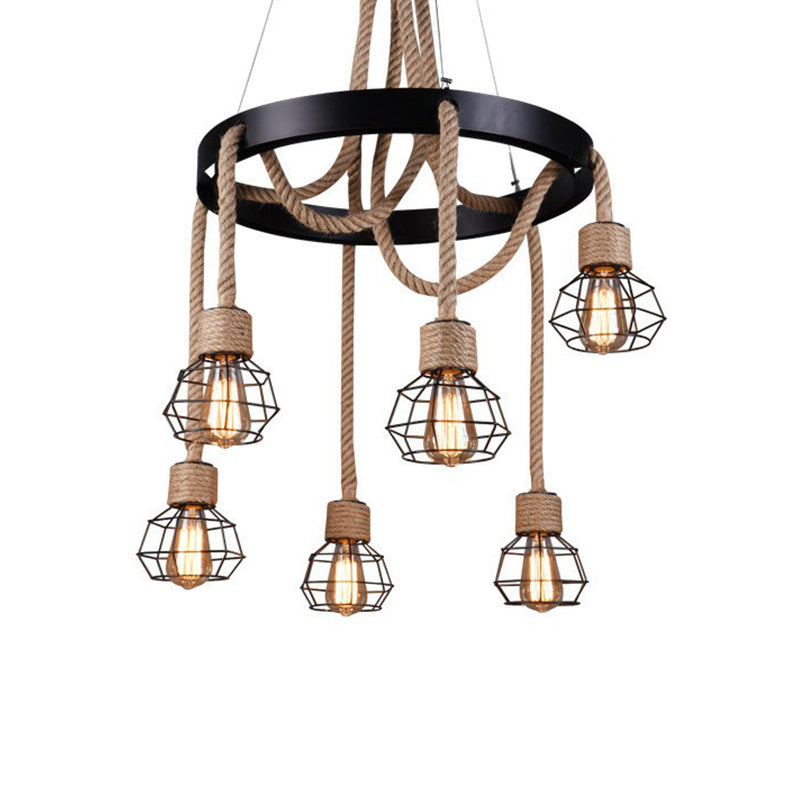 Caged Sitting Room Chandelier Rural Hemp Rope Brown 6 Lights Circular Suspension Pendant