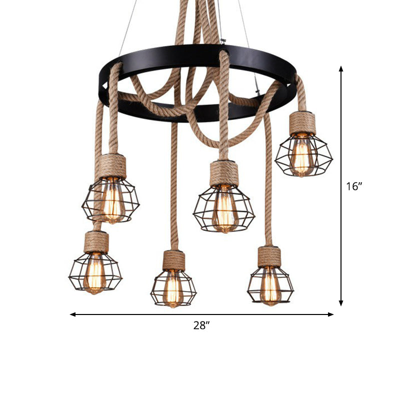 Caged Sitting Room Chandelier Rural Hemp Rope Brown 6 Lights Circular Suspension Pendant