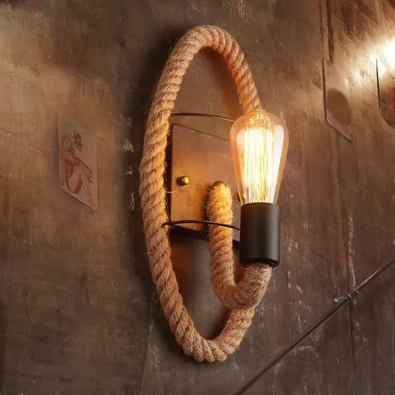 Single Rope Wrapped Wall Lamp Farmhouse Brown Oval/Round Dining Room Wall Mount Light with Exposed Bulb Design