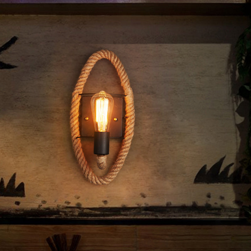 Single Rope Wrapped Wall Lamp Farmhouse Brown Oval/Round Dining Room Wall Mount Light with Exposed Bulb Design