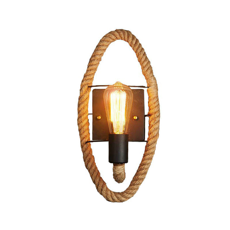 Single Rope Wrapped Wall Lamp Farmhouse Brown Oval/Round Dining Room Wall Mount Light with Exposed Bulb Design