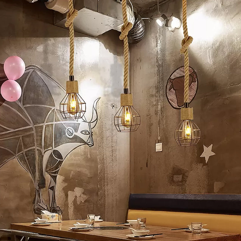 Hemp Rope Knot Brown Hanging Lamp Bare Bulb Design 1 Head Farmhouse Ceiling Pendant Light