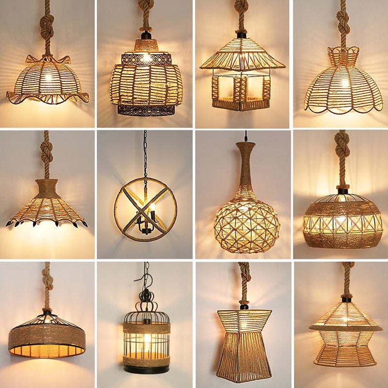 1 testa in giù per il ciondolo di illuminazione rustico ciotola smerlata/capanna a forma di cappola lampada sospensione del soffitto in legno per sala da pranzo
