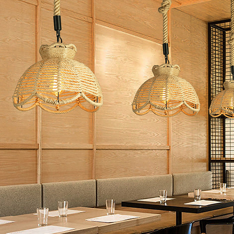 1 testa in giù per il ciondolo di illuminazione rustico ciotola smerlata/capanna a forma di cappola lampada sospensione del soffitto in legno per sala da pranzo