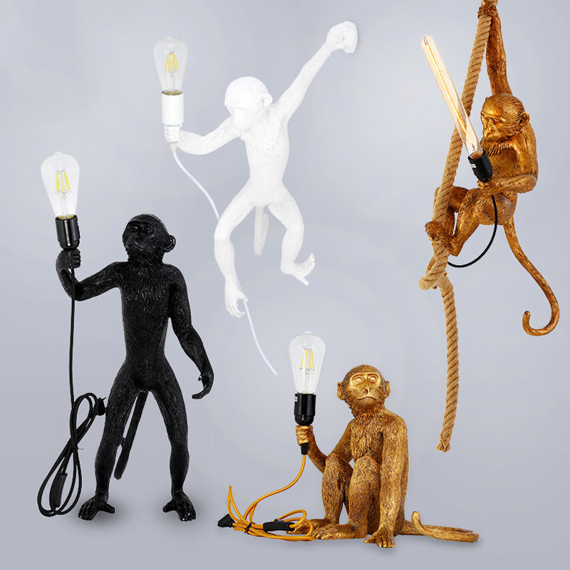 Resin Monkey Pendulum Light Novelty Lodge 1 Head Restaurant Ceiling Pendant in Gold/Black/White with Rope Cord