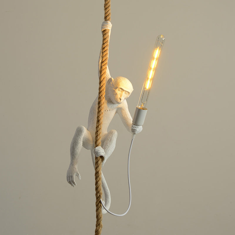 Resin Monkey Pendulum Light Novelty Lodge 1 Head Restaurant Ceiling Pendant in Gold/Black/White with Rope Cord