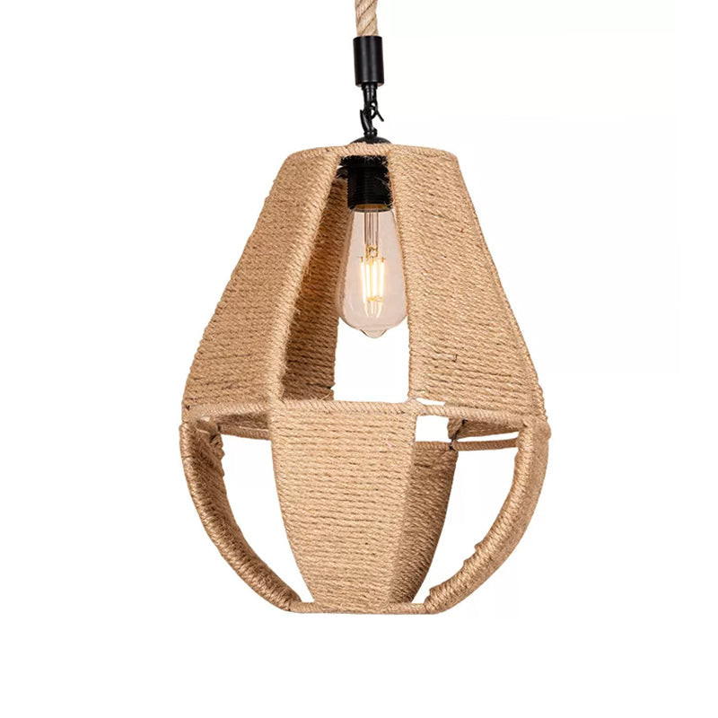 Teardrop handgewebte Seil Anhänger Light Bauernhaus 1-Licht-Bistro ausgehöhltes Design Hanging Lampe in Braun