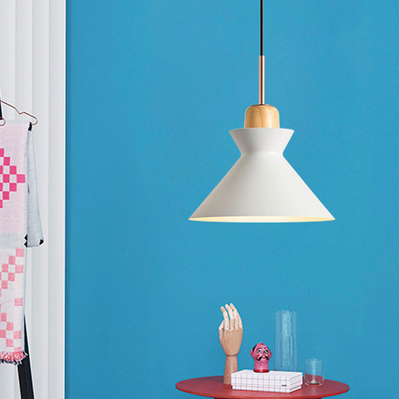 Macaron 1-Light Pendant Lamp Pink/White/Black Cone/Bowl/Bell Hanging Ceiling Light with Iron Shade and Wood Cork