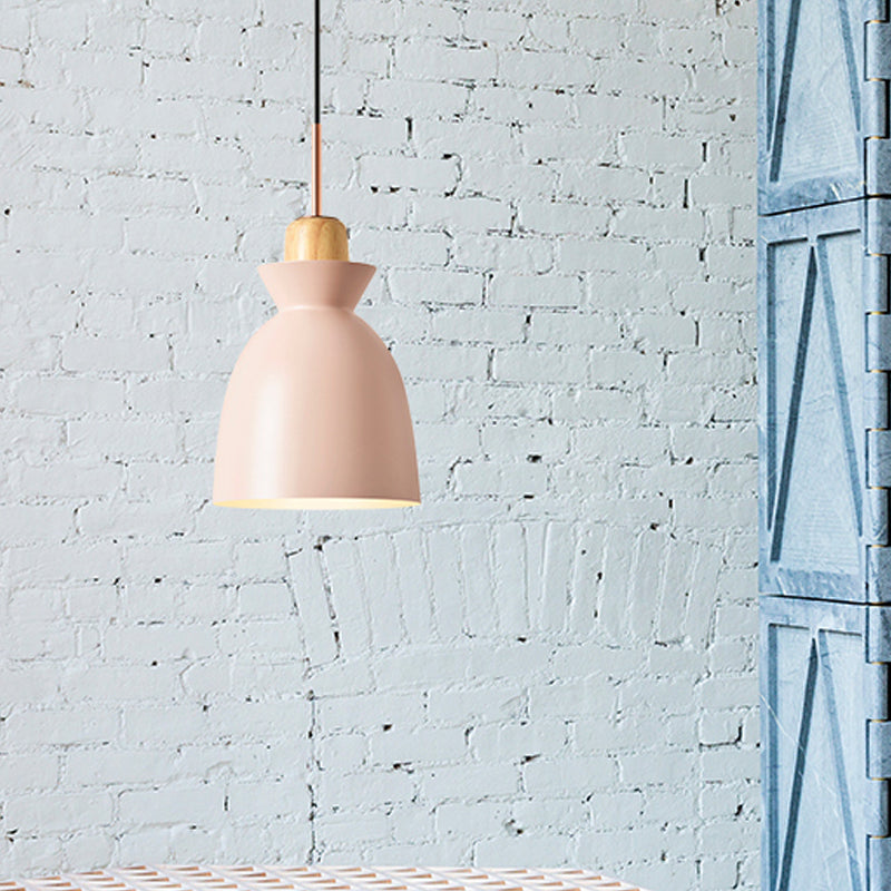 Macaron 1-Light Pendant Lamp Pink/White/Black Cone/Bowl/Bell Hanging Ceiling Light with Iron Shade and Wood Cork