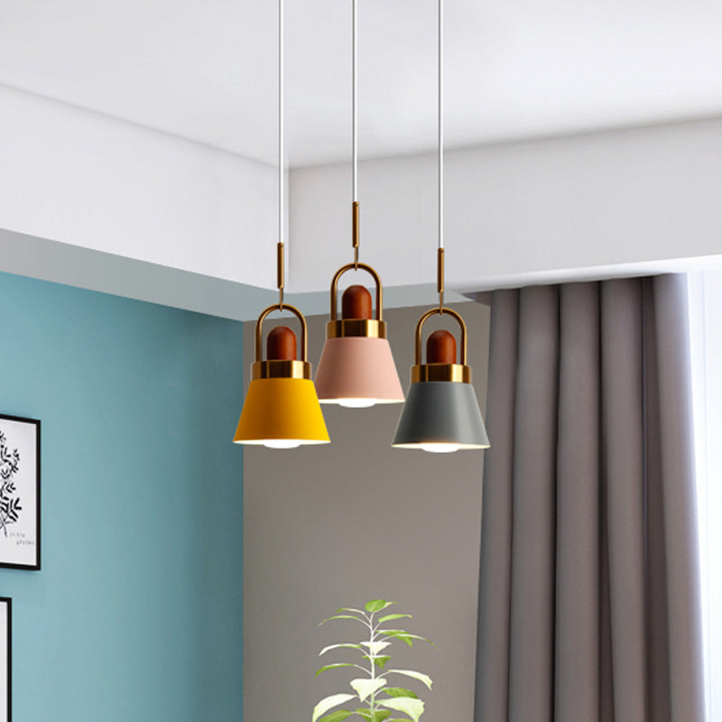 Tapered Shade Bedside Hanging Lamp Metal Single Macaron Pendant Light in Grey/White/Pink with Handle and Wood Cork