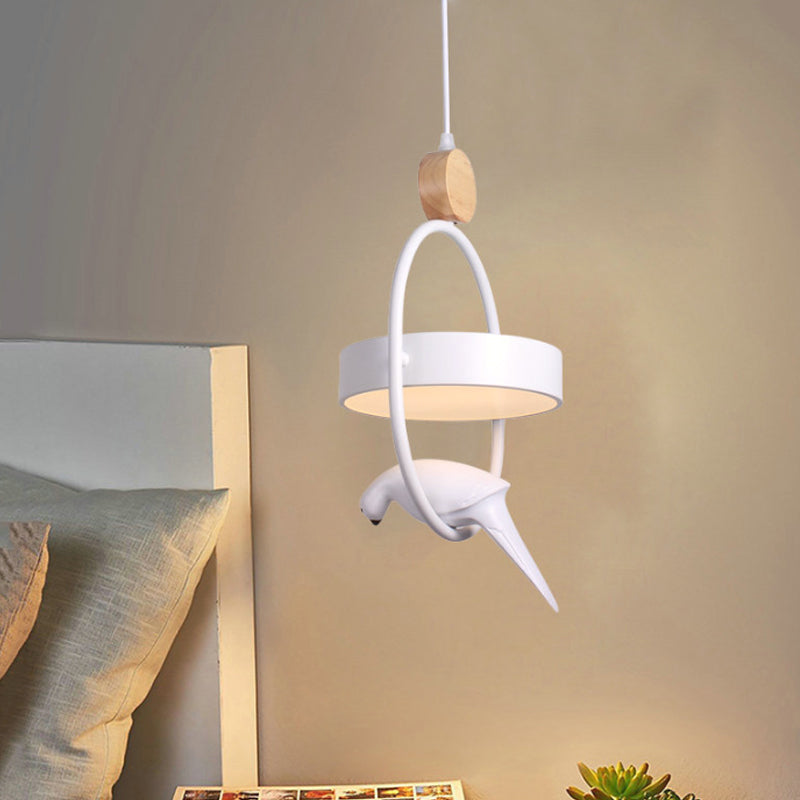 Ellipse de style nordique Lampe suspendue en métal monocysine simple Éclairage avec décoration d'oiseaux et teinte ronde en blanc / gris / vert