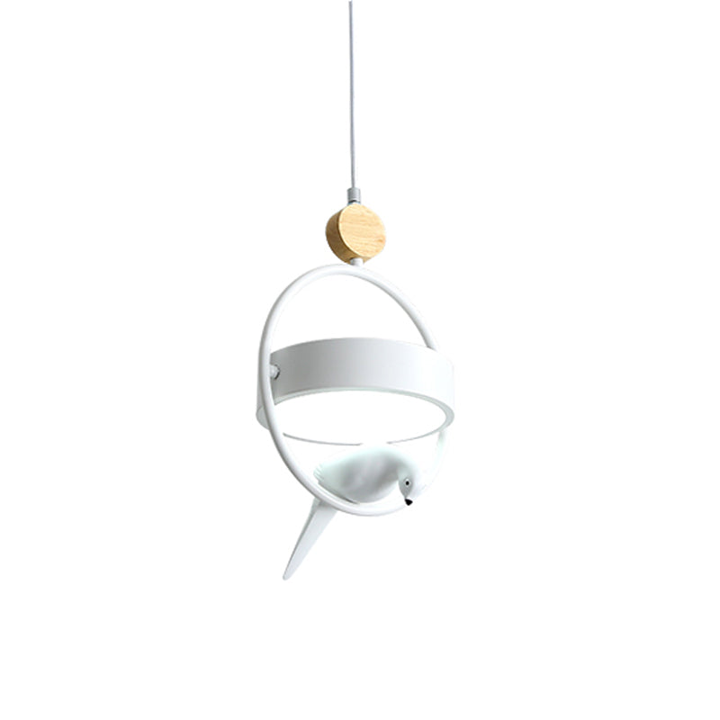 Ellipse de style nordique Lampe suspendue en métal monocysine simple Éclairage avec décoration d'oiseaux et teinte ronde en blanc / gris / vert