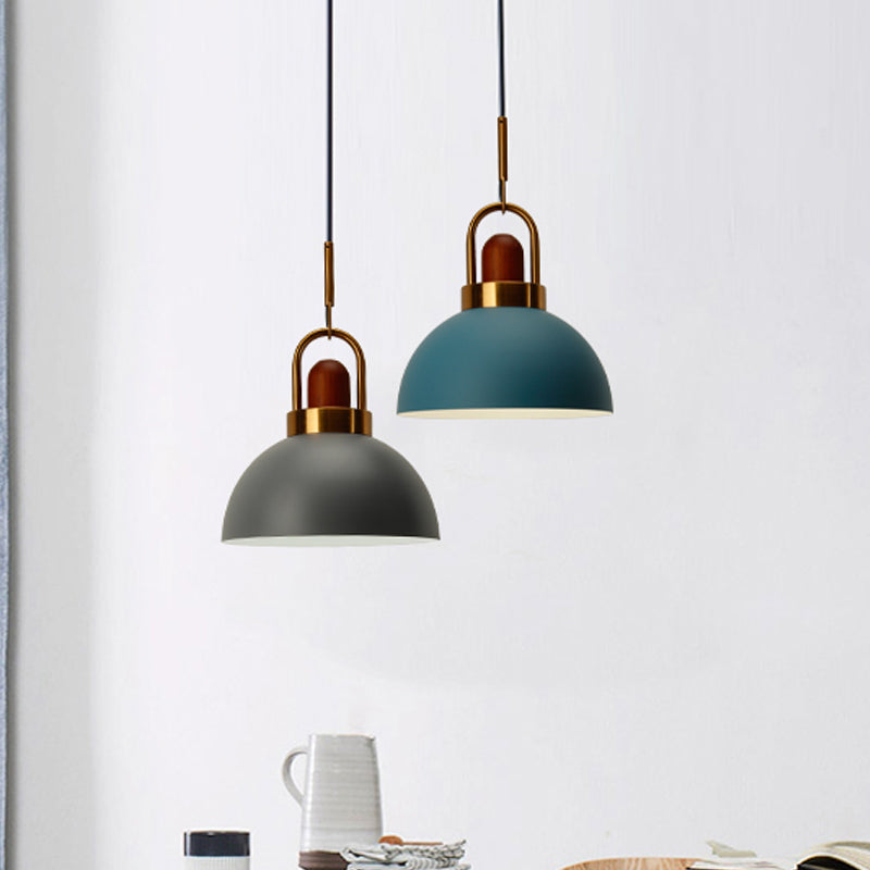 Dome Kitchen Bar Pendulum Light Iron 1 Bulb Macaron Hanging Pendant in Pink/White/Grey with Wood Top and Handle